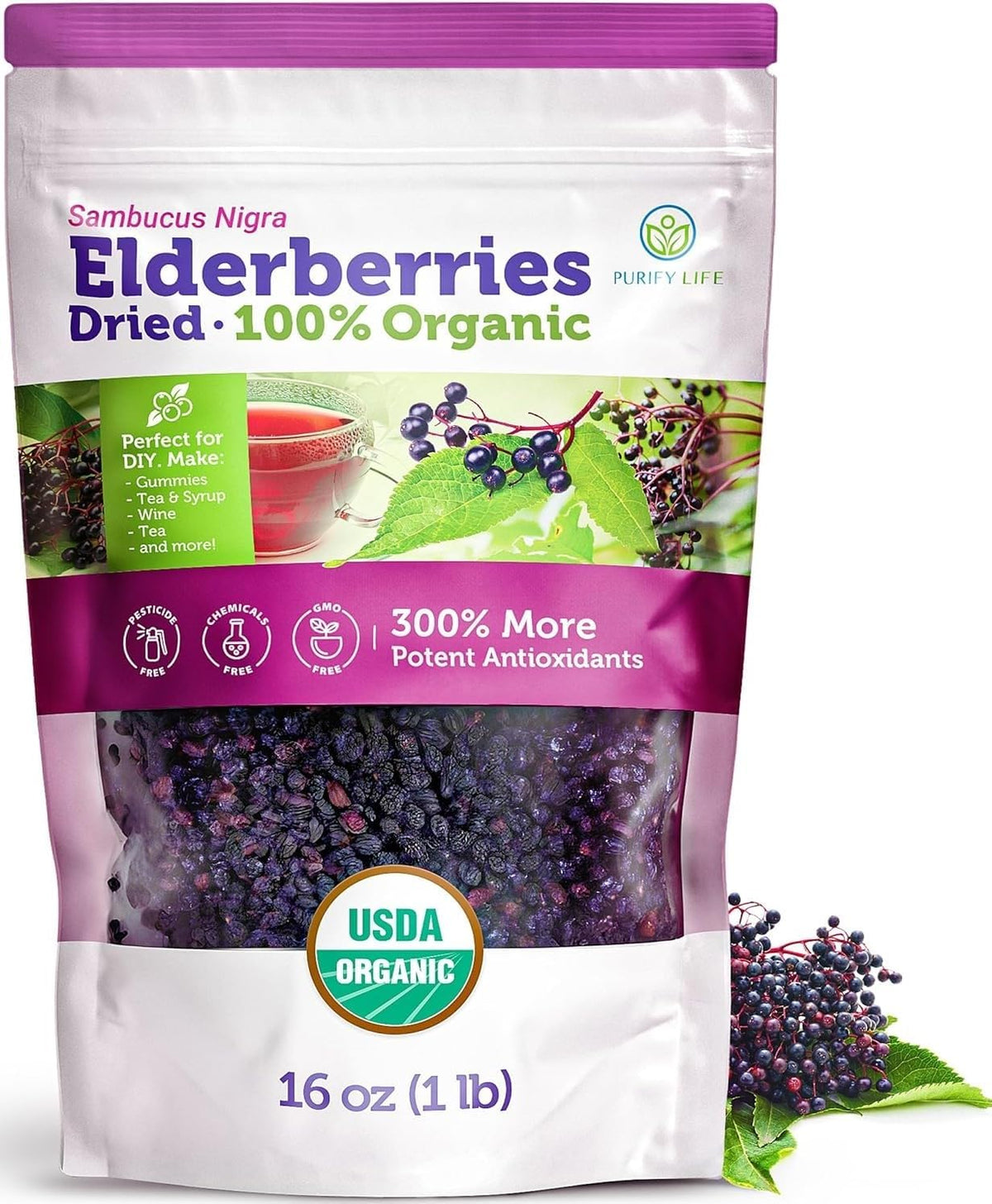 Certified USDA - 100% Organic Dried Elderberries - 1lb Bulk - Non-Irradiated, Non-Gmo, Whole Black Elderberry Immune Support For Making Elder Syrup, Gummies, Tea - Raw Vegan Sambucus 1 Pound