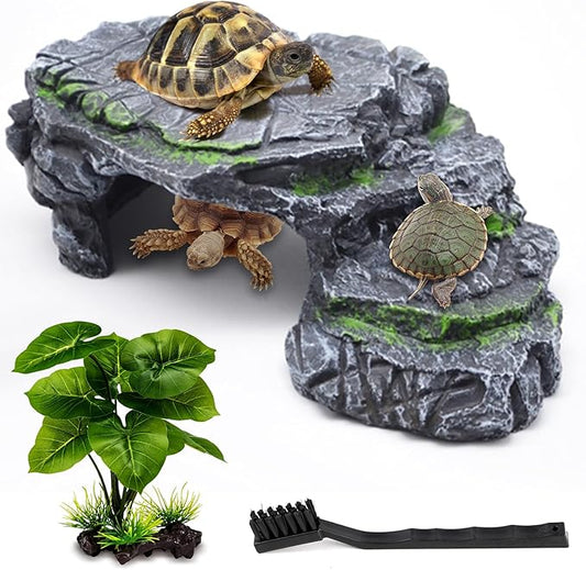 Turtle Basking Platform Kit, Reptile Habitat Hideout, Decorative Resin for Aquarium & Terrarium, Including Artificial Plant and Cleaning Brush. (A-Large-Black)