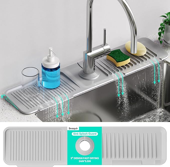 24 Inch Longer Faucet Mat for Kitchen Sink [5°Slope Fast Self-draining]Bathroom Kitchen Sink Splash Guard Silicone Sink Faucet Mat Splash Guard Kitchen Sink Area Tidy Splash Faucet Guard Draining Mat