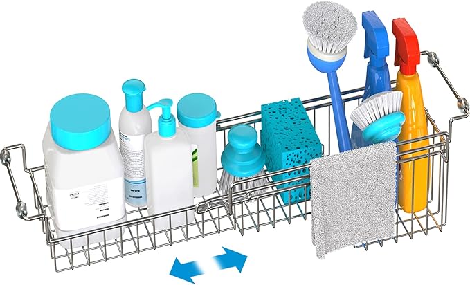 Over The Kitchen Sink Caddy Sponge Holder Organizer Drying Rack Expandable for Sponge Brush Soap Dish Cloth Rag Smaller 14.5" to 22", Stainless Steel