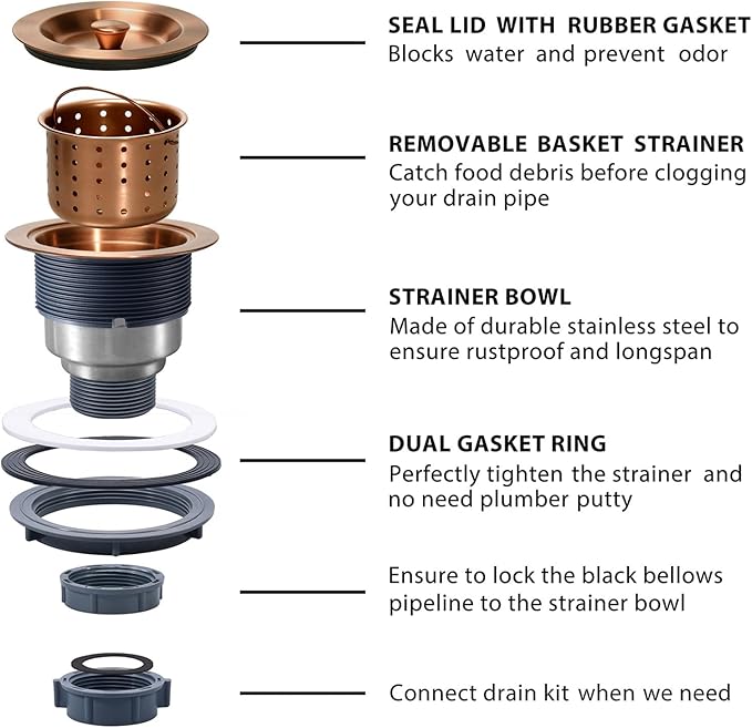 KONE 3/1-2 Inch Sink Drain Assembly Antique Copper Kitchen Sink Drain Kit Copper Stainless Steel Sink Basket Strainer Rubber Stopper, Sealing Lid/Removable Deep Waste Basket for Home, Kitchen