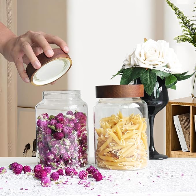 Airtight Glass Jars with Wooden Lid Round Spice Jar Clear Glass Food Storage Jar Canister with Screw Lid for Coffee Ground Bean Candy Pantry Sugar Tea Cookies Bath Salts (1200ml/40oz-1pack-A)