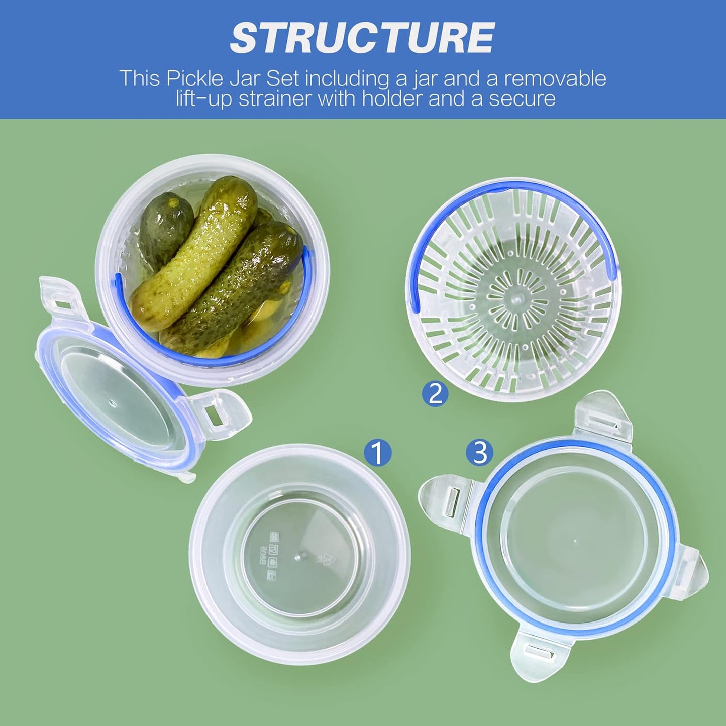 Pickle Jar 24oz 2Pack Pickle container with strainer Pickle Holder Keeper Lifter, pickle storage container pickle strainer, Flip Jar with Leak Proof and Lock It Lid