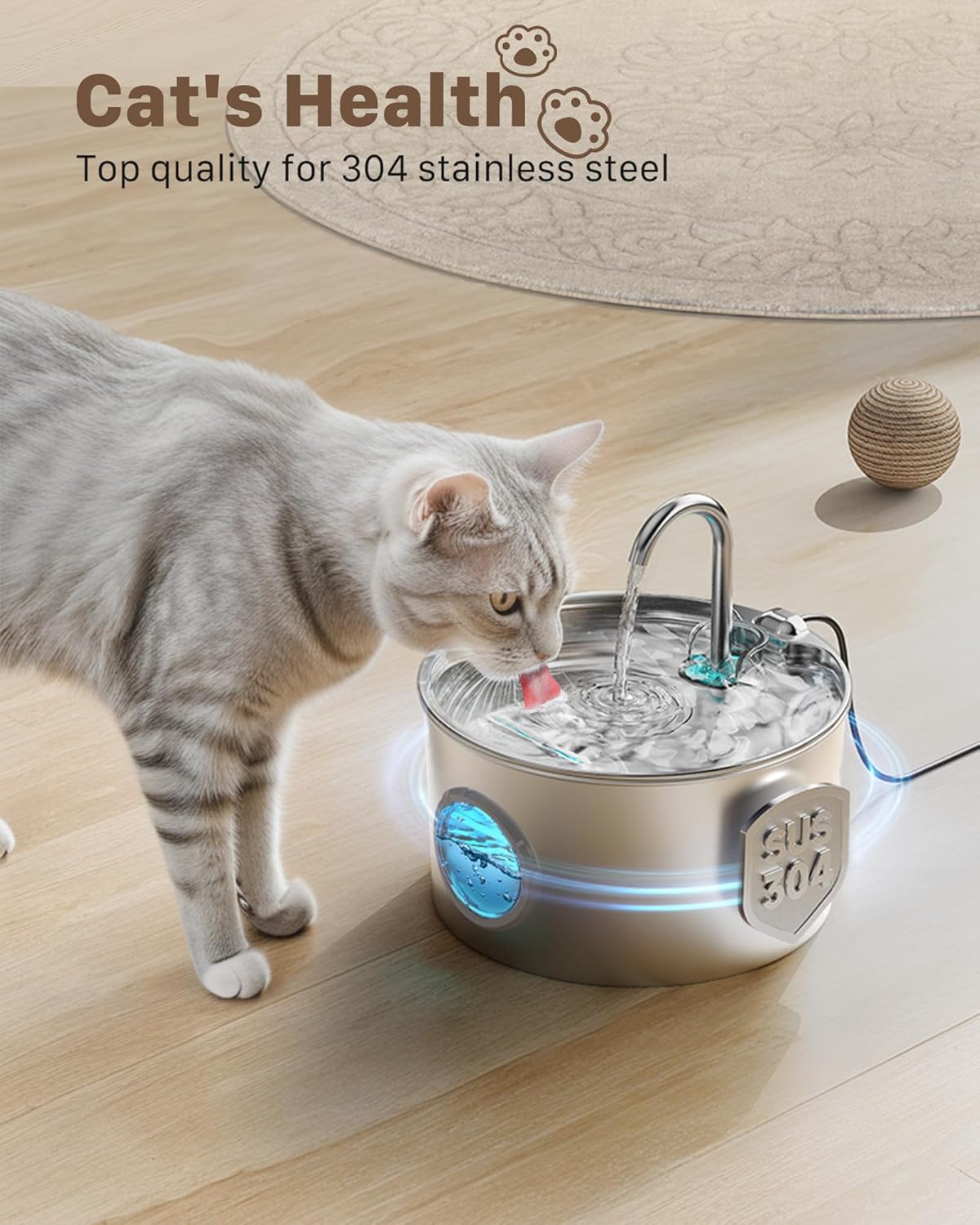 Cat Water Fountain Stainless Steel: 74oz/2.2L Cat Fountain for Drinking - Pet Water Fountain for Cats Inside - Quiet Cats Water Bowl Dispenser - Kitty Drinking Fountains - for Pets& Small Animals