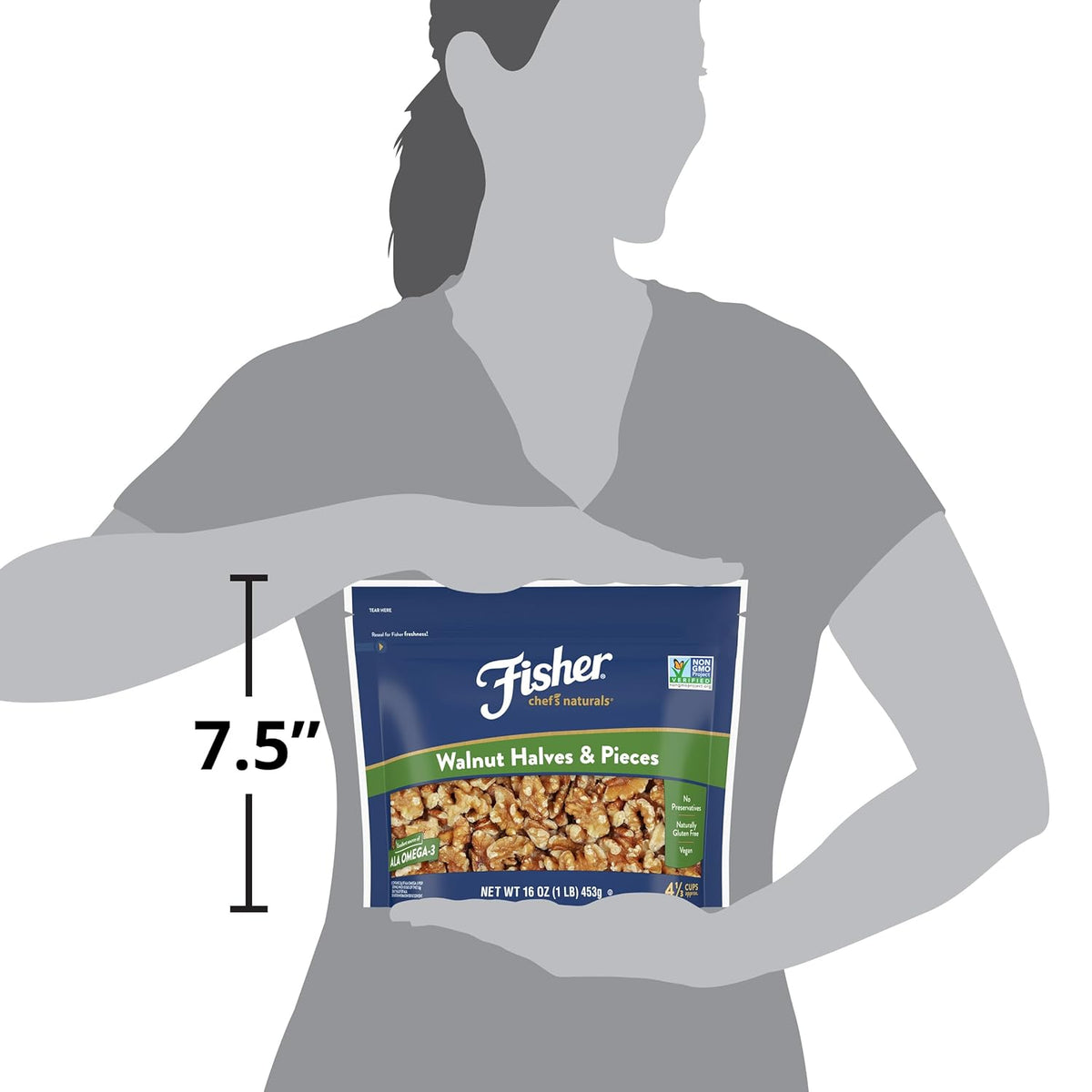 Fisher Chef's Naturals Walnut Halves & Pieces 16 oz, 100% California Unsalted Walnuts for Baking & Cooking, Healthy Snacks for Adults, Resealable Bag, Vegan Protein, Keto Snack, Chopped Nuts, Topping