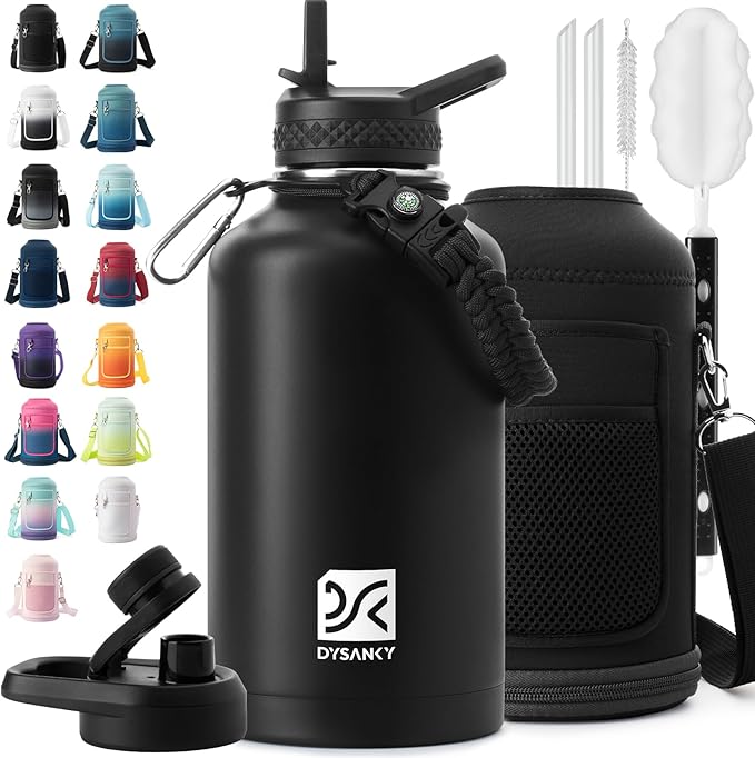 Insulated Water Bottle | Thickened Stainless Steel Vacuum Metal Thermos | Portable Sports Half Gallon Large Water Jug for Gym and Hiking with Straw, Carrier Bag, Handle Strap | BPA-Free 64 oz