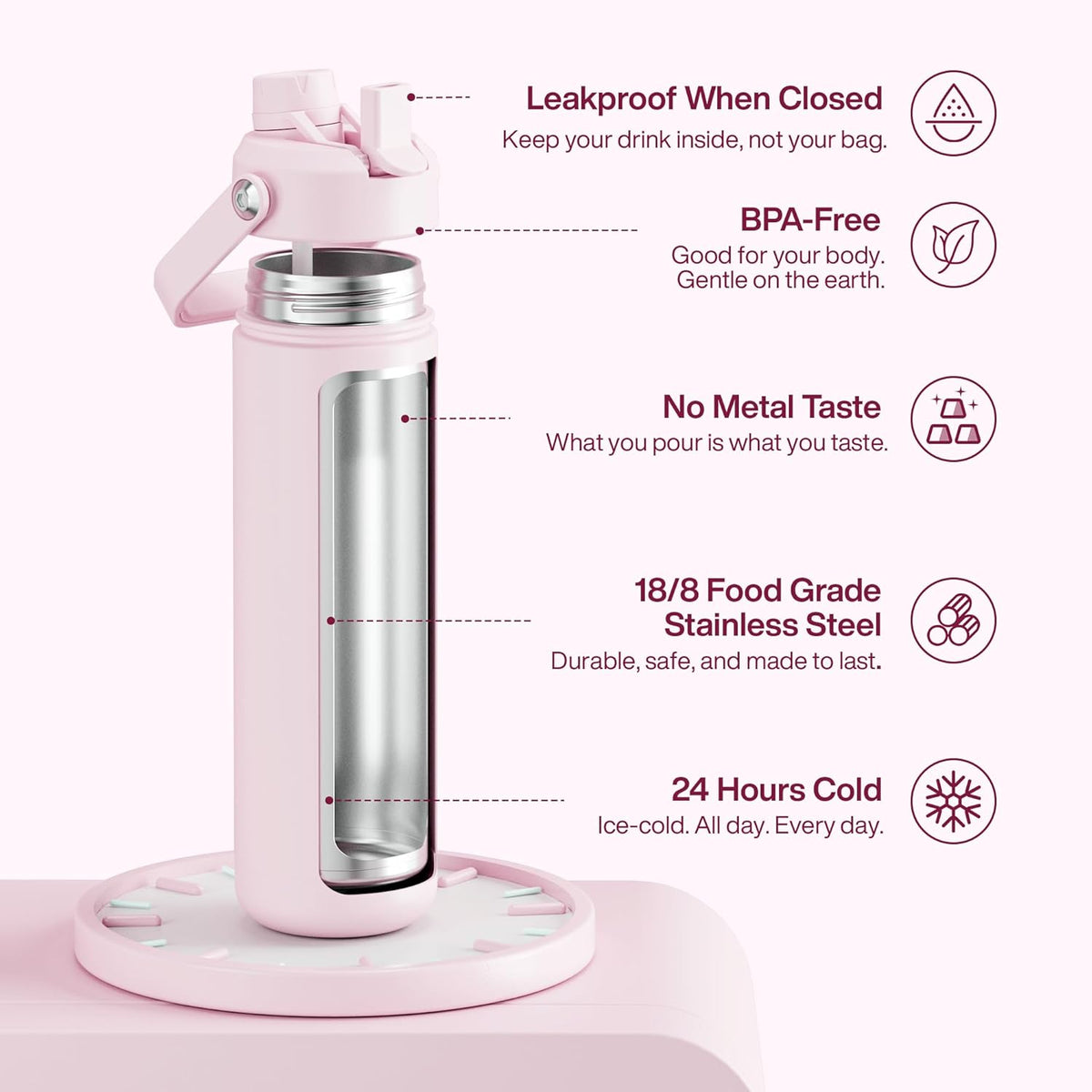 ENCOOL Insulated Water Bottle with Straw Stainless Steel Water Bottle, Leak-Proof, BPA-Free, Double Wall Vacuum Keeps Cold for 24 Hours for Sports, Travel, School (26 oz, Cotton Candy)