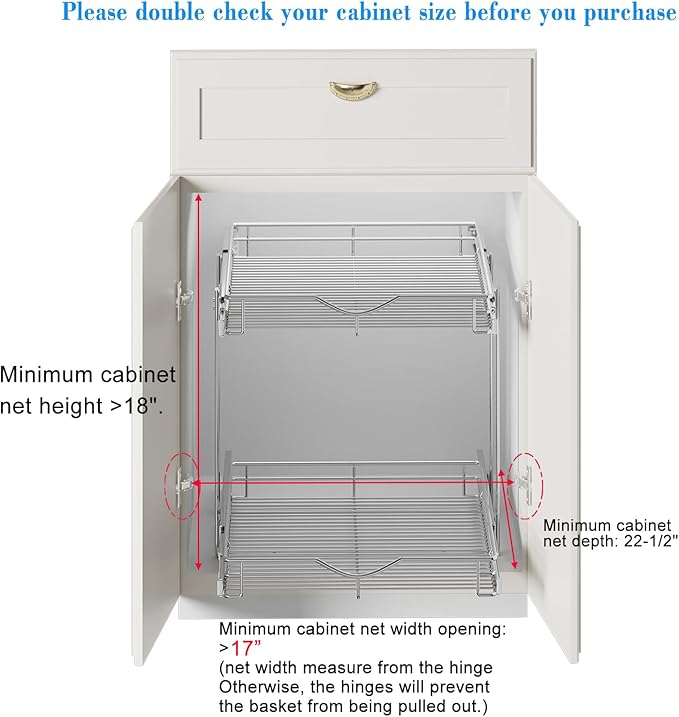 DINDON 2 Tier Pull Out Cabinet Organizer (17" W X 21" D), Double Tier Wire Basket Slide Out Shelf Storage for Kitchen Base Cabinet, Chrome Finish
