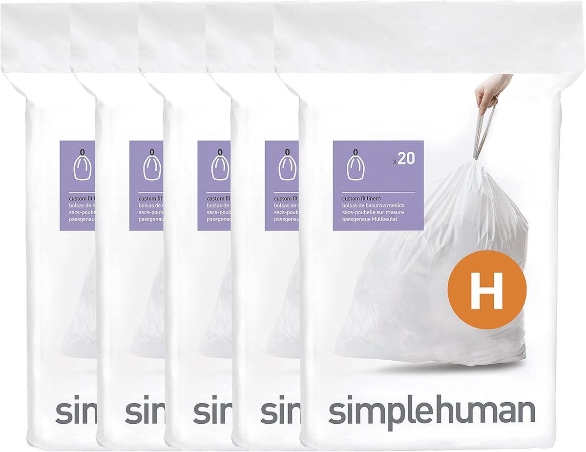 simplehuman Code H 100 Count, Dispenser Pack Custom Fit Liners, Drawstring Trash Bags, 30-35 Liter / 8-9 Gallon, White