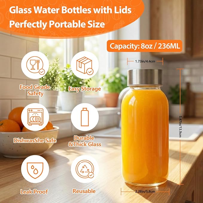 Luxfuel 8 oz Glass Water Bottles with Lids, 16 Pack Small Glass Juice Bottles with Stainless Steel Caps & Funnel, Leak-Proof Containers for Juicing, Milk, Ginger Shots, Smoothies, Wellness Drinks