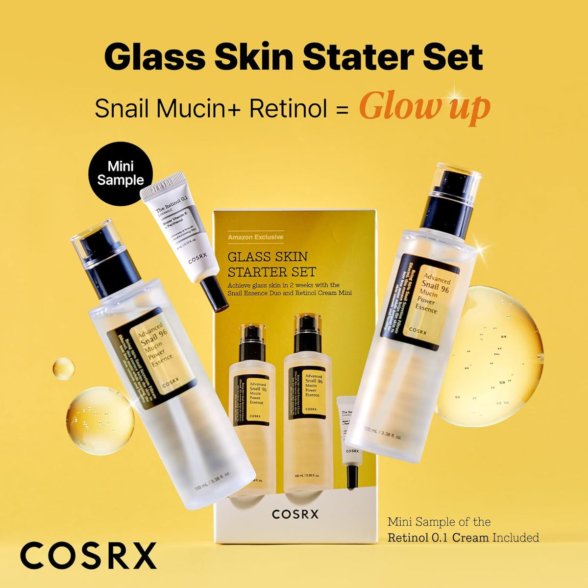 COSRX Snail 96% Mucin Power Essence 2ea & Retinol 0.1% Cream Mini Sample 1ea, Glass Skin Starter Set, Amazon Exclusive, Daily Hydrating & Firming Korean Skin Care Kit, Gift Set