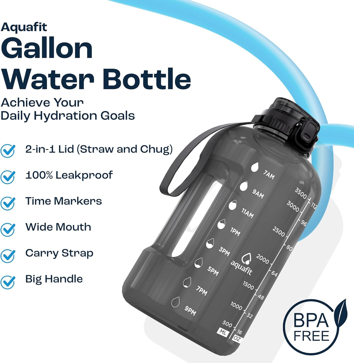 AQUAFIT 1 Gallon Water Bottle with Time Marker - Straw & Chug Lid - BPA Free Gym Water Bottle with Straw - Big Gallon Jug (Gray, 128 oz - 2in1 Lid)