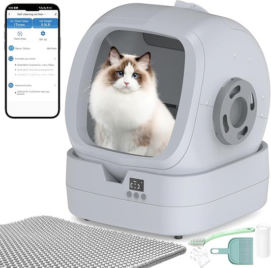 Automatic Self-Cleaning Cat Litter Box with APP-Controlled, Weight Tracking – 86L Ultra-Quiet, Smart Health Monitor, and Safe Anti-Pinch Design (Assembly Required) -Light Grey