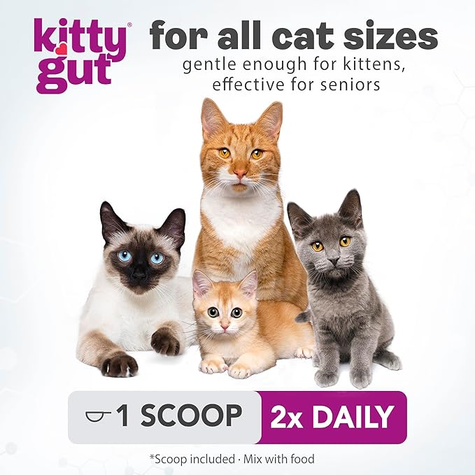 KittyGut 3-in-1 Organic Cat Probiotics & Postbiotic Supplement Powder- Made in USA-Probiotics for Cats Promote Gut Health and Cat Digestive Support, Diarrhea and Vomiting (90g)
