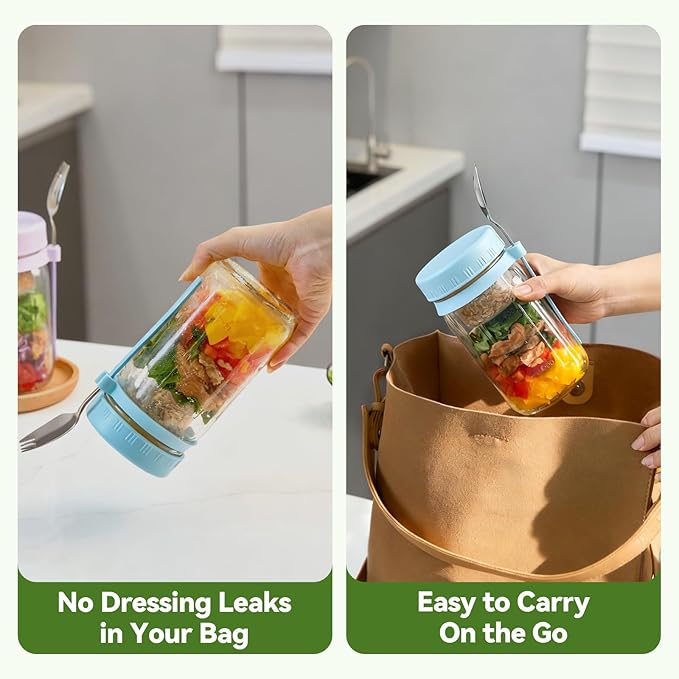 4 Pack Glass Salad Pod Mason Jar with Dressing Cup & Spork, 32 oz Salad Container to Go with Lids Meal Food Prep for Lunch, Large Travel Mason Jar Bowl with 2 Insert Dressing & Topping Holder