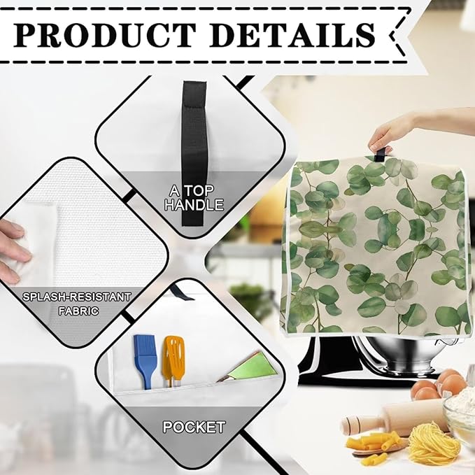 Leaf Print Mixer Dust Cover with Pockets & Handle | Compatible with 6-8 Quart Blenders & Mixers | Kitchen Appliance Protector & Decor