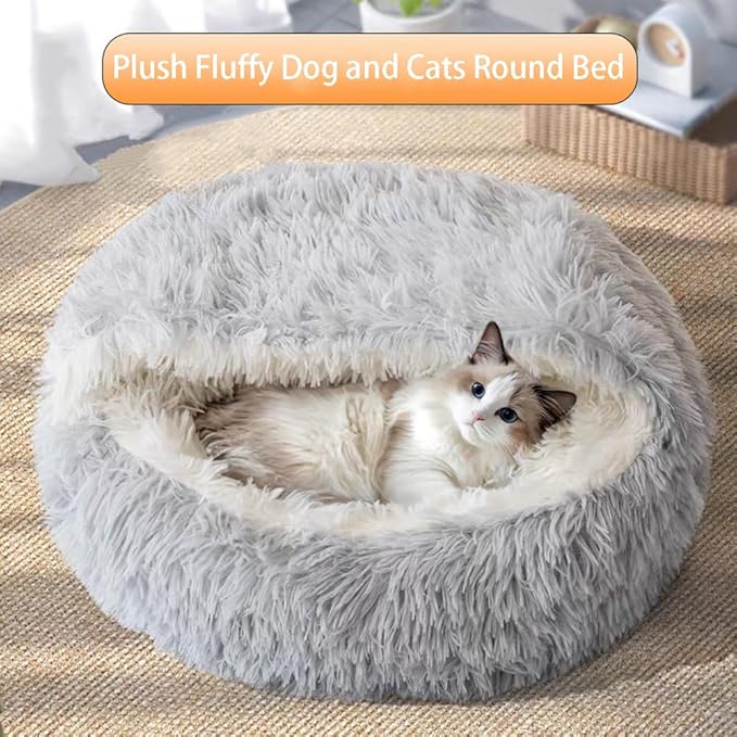 Plush Fluffy Dog and Cats Round Bed, Ultra-Soft Plush with Raised Rim, Non-Slip Bottom, Plush Cat Bed with A Cover, for Small Dogs and Cats (Gray, Small)