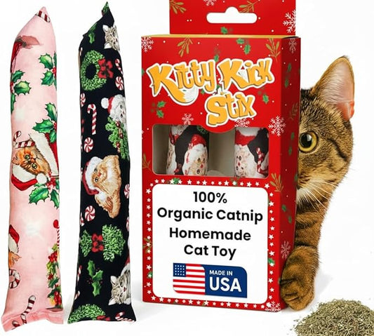 Kitty Kick Stix 11" Catnip Kicker Toy – Set of 2 | Handmade in USA | Interactive Cat & Kitten Toy | Packed with 100% Potent Catnip for All Breeds (Holiday (Set of 2))