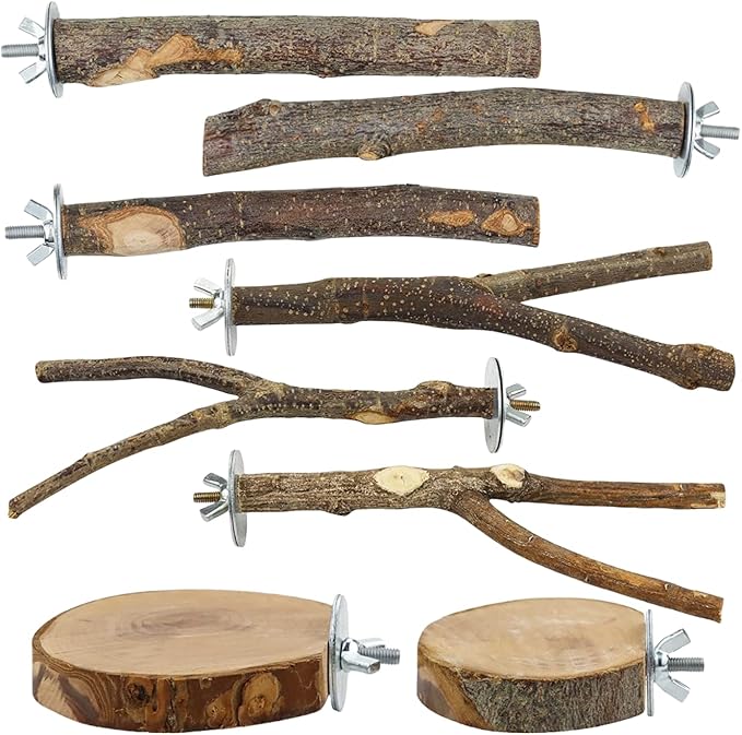 8-Piece Set Natural Wood Bird Perches - Wooden Parrot Stand with Fork Toys, Hanging Multi-Branch Platform, Hammock Swing - Suitable for Parakeets, Budgies - Durable Pet Bird Accessories