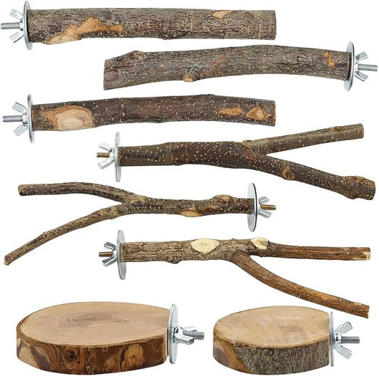 8-Piece Set Natural Wood Bird Perches - Wooden Parrot Stand with Fork Toys, Hanging Multi-Branch Platform, Hammock Swing - Suitable for Parakeets, Budgies - Durable Pet Bird Accessories