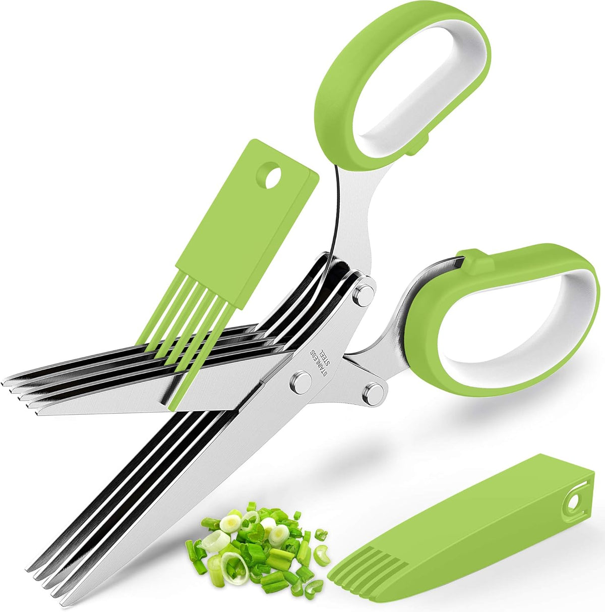 Herb Scissors Set - Updated 2025 Cool Kitchen Gadgets for Cutting Fresh Garden Herbs - Herb Cutter Shears with 5 Blades and Cover, Sharp and Anti-rust Stainless Steel, Dishwasher Safe (Green-White)