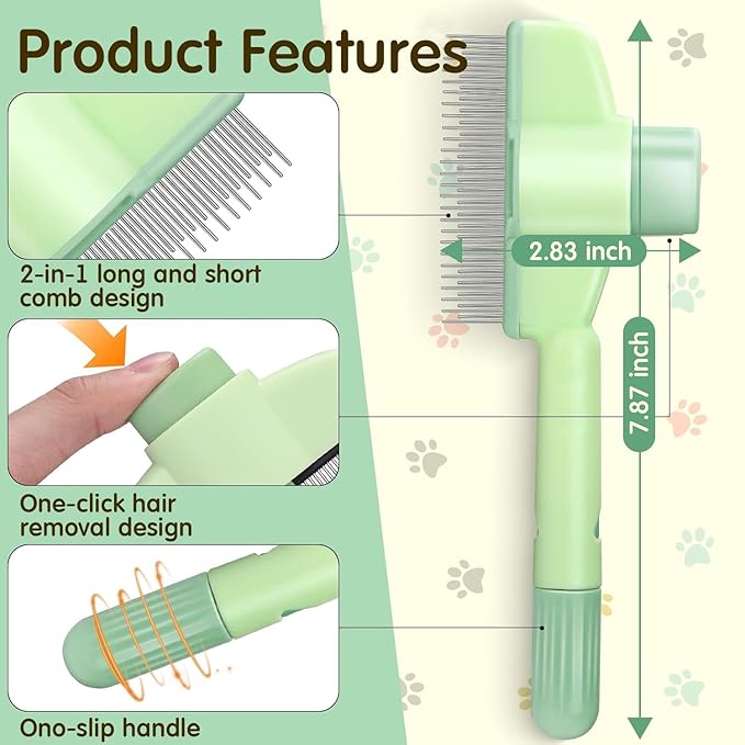 [ 2 Packs ] Pet Hair Removal Comb Flea Comb, New Cat Brush with Release Button Pet Hair Grooming Brush Supplies (Yellow+Green)