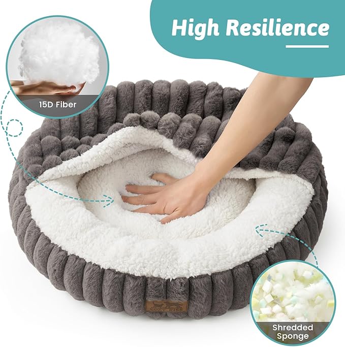 Cat Bed with Hooded Blanket, Round Fluffy Anti-Anxiety Pet Bed for Cats/Toy Breed Dogs, Cozy Donut Cuddler with Machine Washable Faux Fur & Anti-Slip Bottom(20"×20"×6",Grey)
