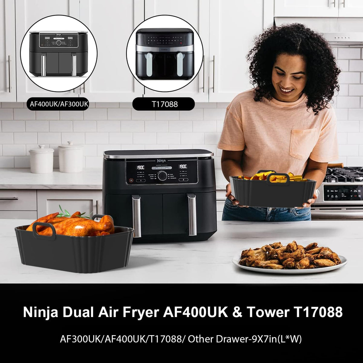 Silicone Air Fryer Liners 2 Pack, Reusable Liners Compatible for Ninja Foodi DZ201, DZ401, DZ550, COSORI, Chefman, Instant Air Fryer, and 6-in-1 8-10QT Air Fryer Baskets