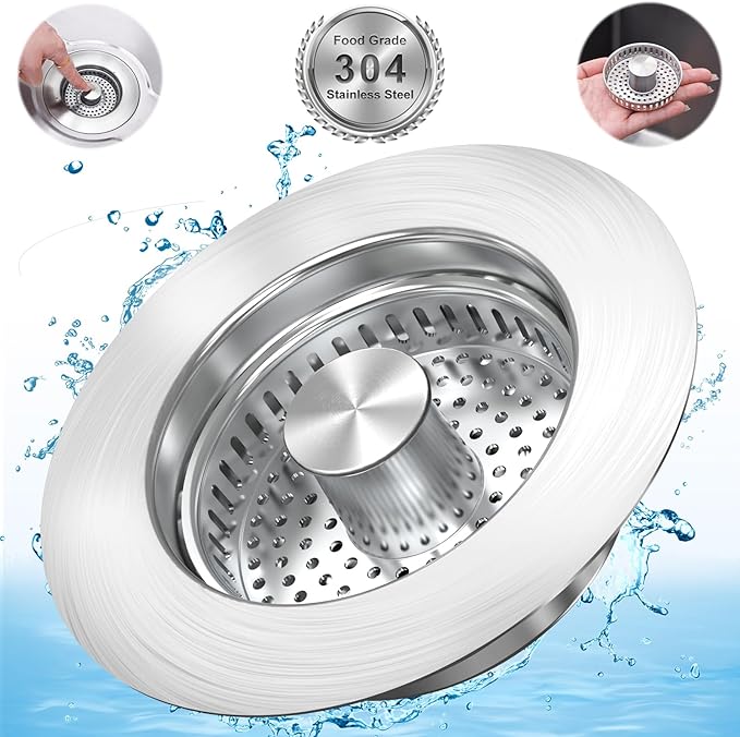 Upgraded 3 in 1 Kitchen Sink Drain Strainer Stopper, Brushed Stainless Steel SUS 304 Pop Up Sink Drain Stopper for Standard 3-1/2 Inch Drain Anti-Clogging Odor Prevention