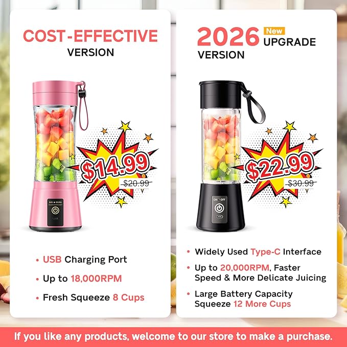Portable Blender for Smoothies and Shakes - Cordless Personal Blender with 380Ml BPA Free Travel Cup, 6 Stainless Steel Blades for Powerful Blending, Suit for Sports/Travel/Home