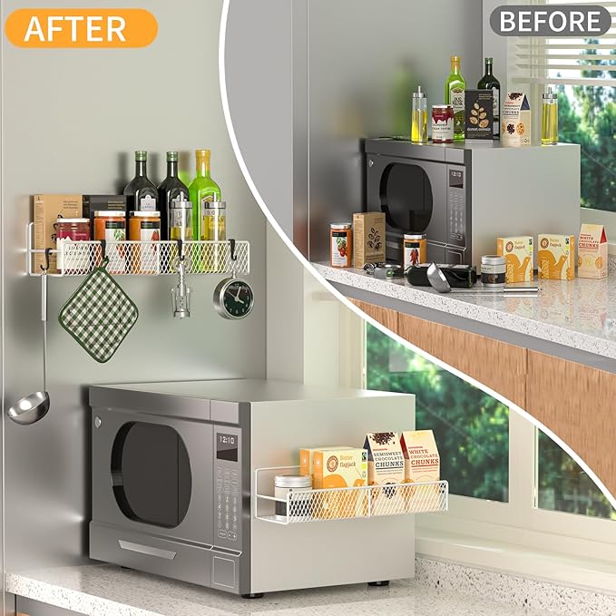 Magnetic Spice Rack for Refrigerator, 2 Pack Metal Magnetic Shelf White, Moveable Spice Organizer with Hooks, Super Magnetic Fridge Shelf for Kitchen Organization and Storage