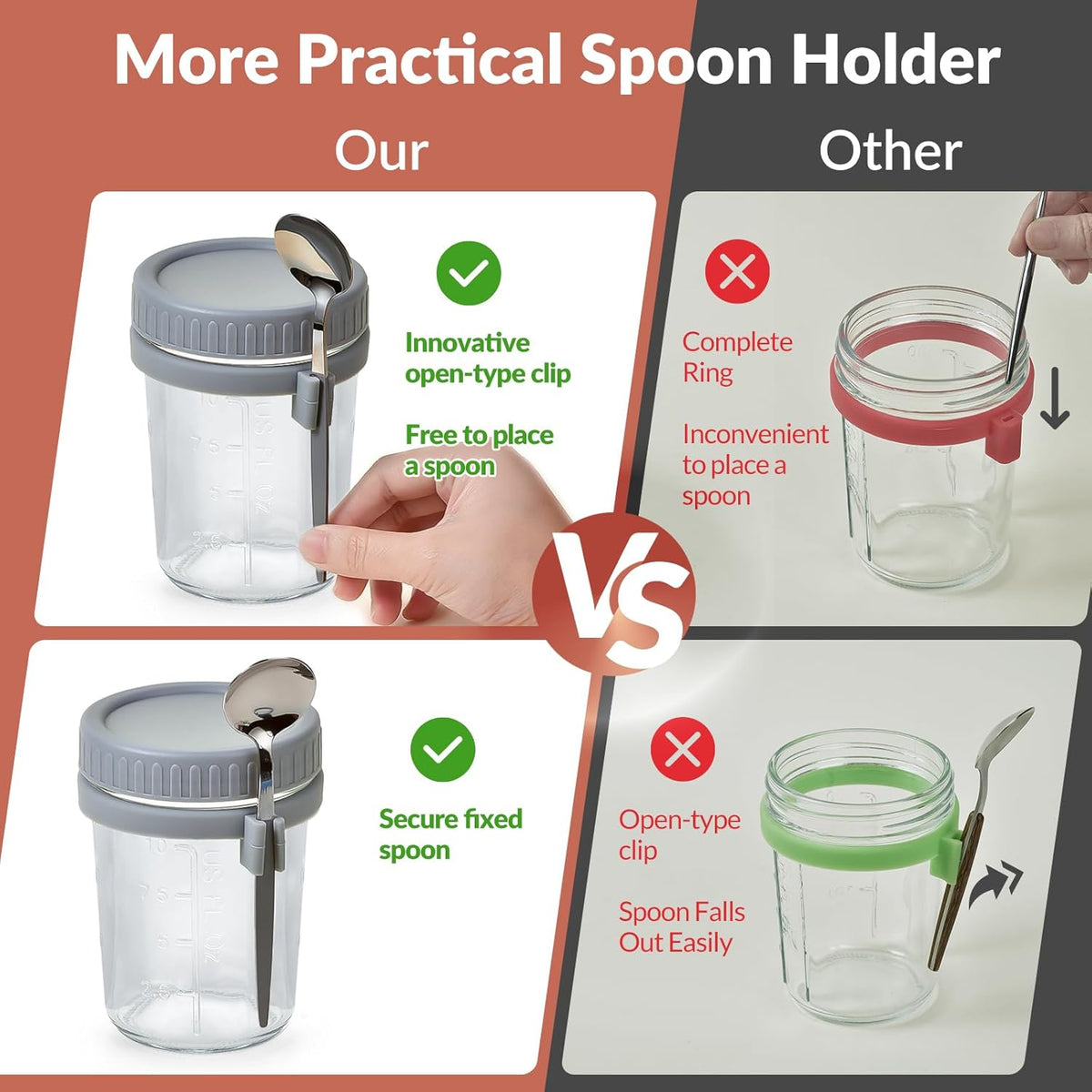 4 Pack Overnight Oats Containers with Lids and Spoons - DRKIO 16 Oz Glass Mason Jars for Overnight Oats Leak Proof Oatmeal Container Great for Cereal Fruit Vegetable Milk Salad Yogurt Meal Prep
