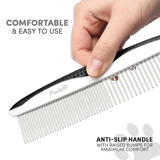 Poodle Pet Dog Combs for Grooming | 2 Pack | Stainless Steel Teeth Easily Remove Dirt | Proper Care Prevents Knots and Mats for Long and Short Haired Pets | Anti-Slip Comfort Grip Handle (Blue)
