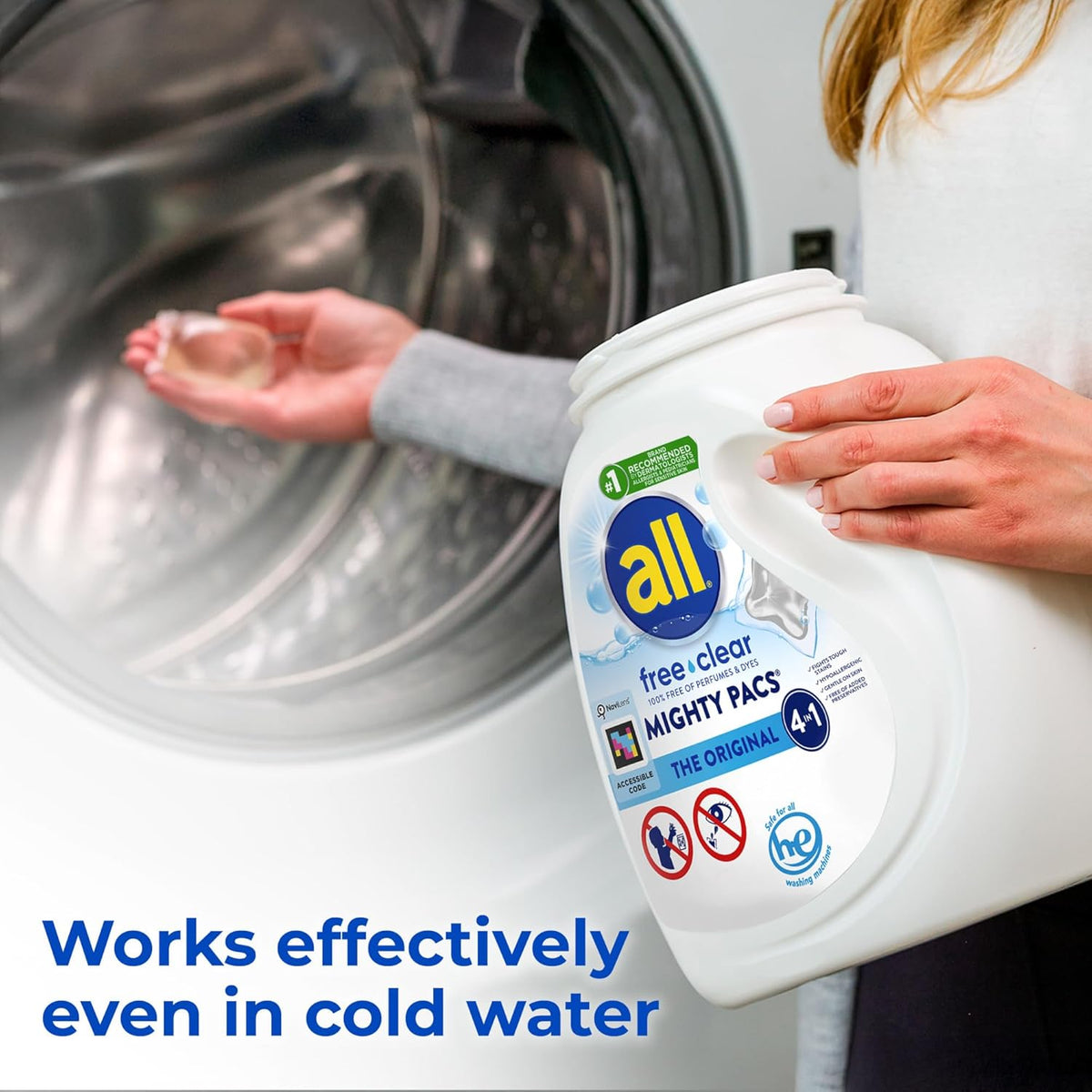 All Mighty Pacs Laundry Detergent, Free Clear for Sensitive Skin, Tub, 60 Count
