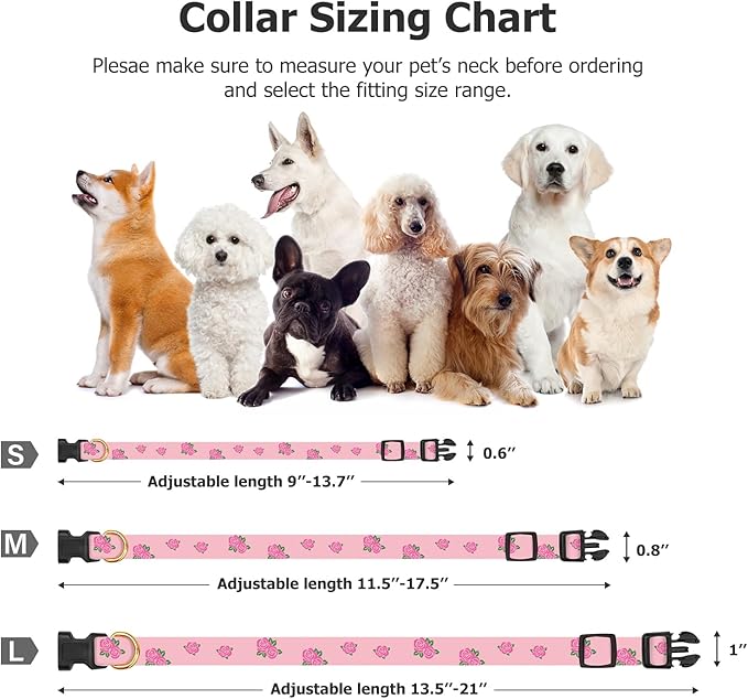 Cotton Handmade Dog Collar Cute and Distinctive Patterns Pink Rose with Pendant for Girl Boy Dogs Collars M