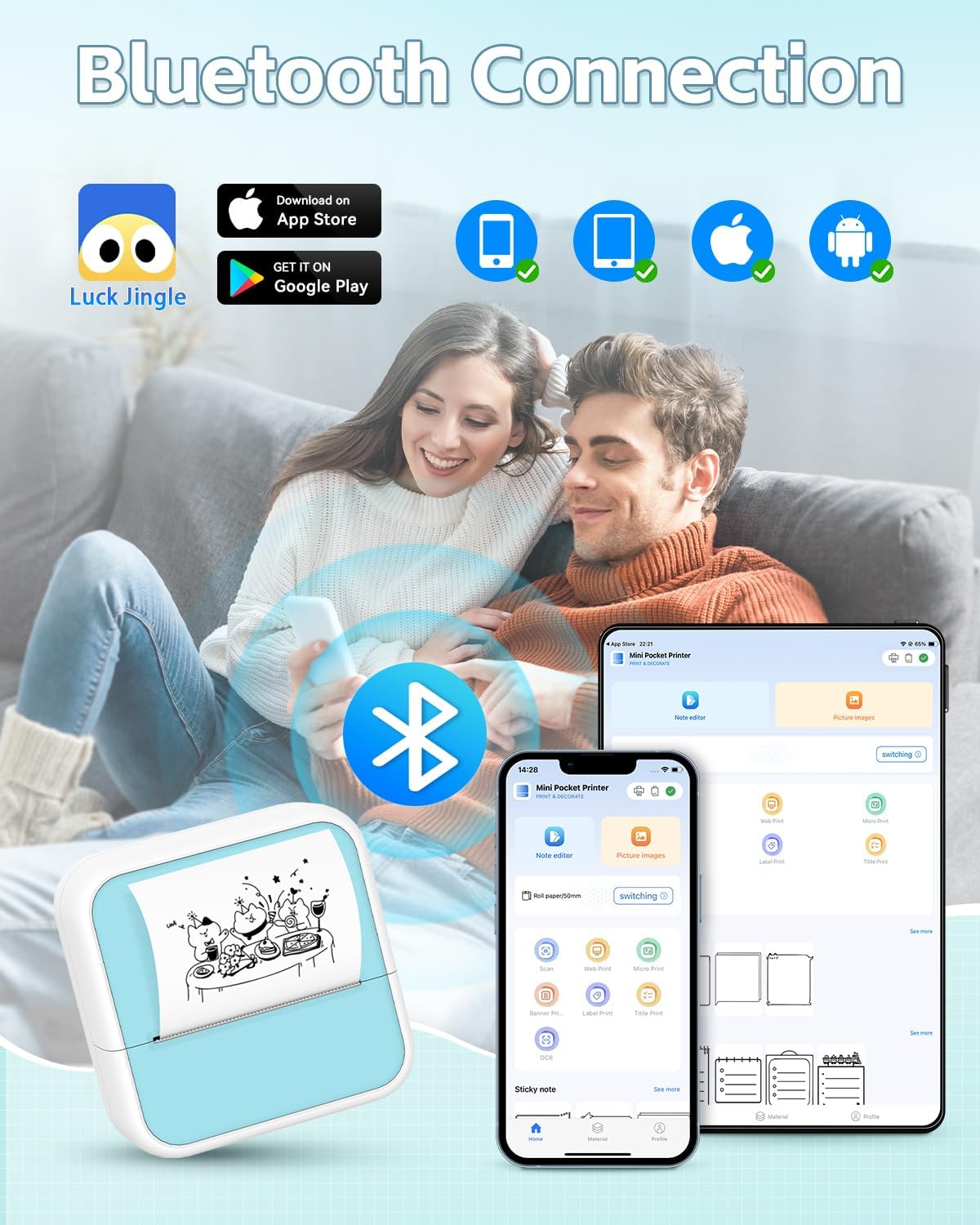 Sticker Printer - Printpods Mini Printer with Stickers, Print Pod, Bluetooth Inkless Printers, Sticker Maker, Portable Thermal Printer for iphone, Impresora Portátil for Notes, Journal, DIY, Kids Gift
