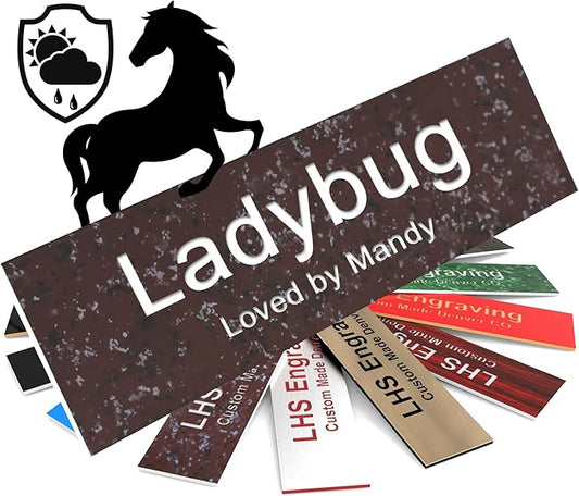 Personalized Horse Stall Name Plates, 2x8 Horse Stall Signs with Adhesive, All Weather UV Protected, Cranberry Marble Pattern Plastic White Letters - Made in USA - S5