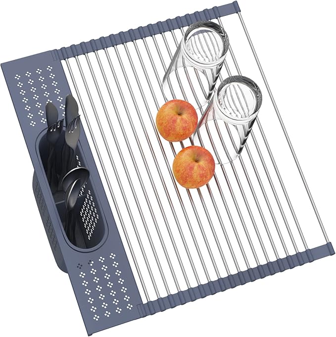 LEMIKKLE Roll Up Dish Drying Rack 17 x 15 Over The Sink Dish Drying Rack, Multi-Purpose Kitchen Rolling Dish Drainer Foldable SUS 304 Stainless Steel Dish Drying Rack