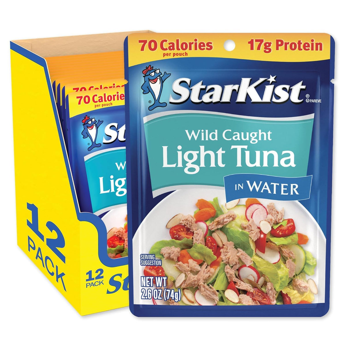 StarKist Chunk Light Tuna in Water, 2.6 oz Pouch (12 Pack) Ready to Eat Wild Caught Tuna, 17g Protein, 70 Calories Per Serving, Gluten Free, Soy Free, Kosher, Perfect for Salads, Keto Meals and Snacks