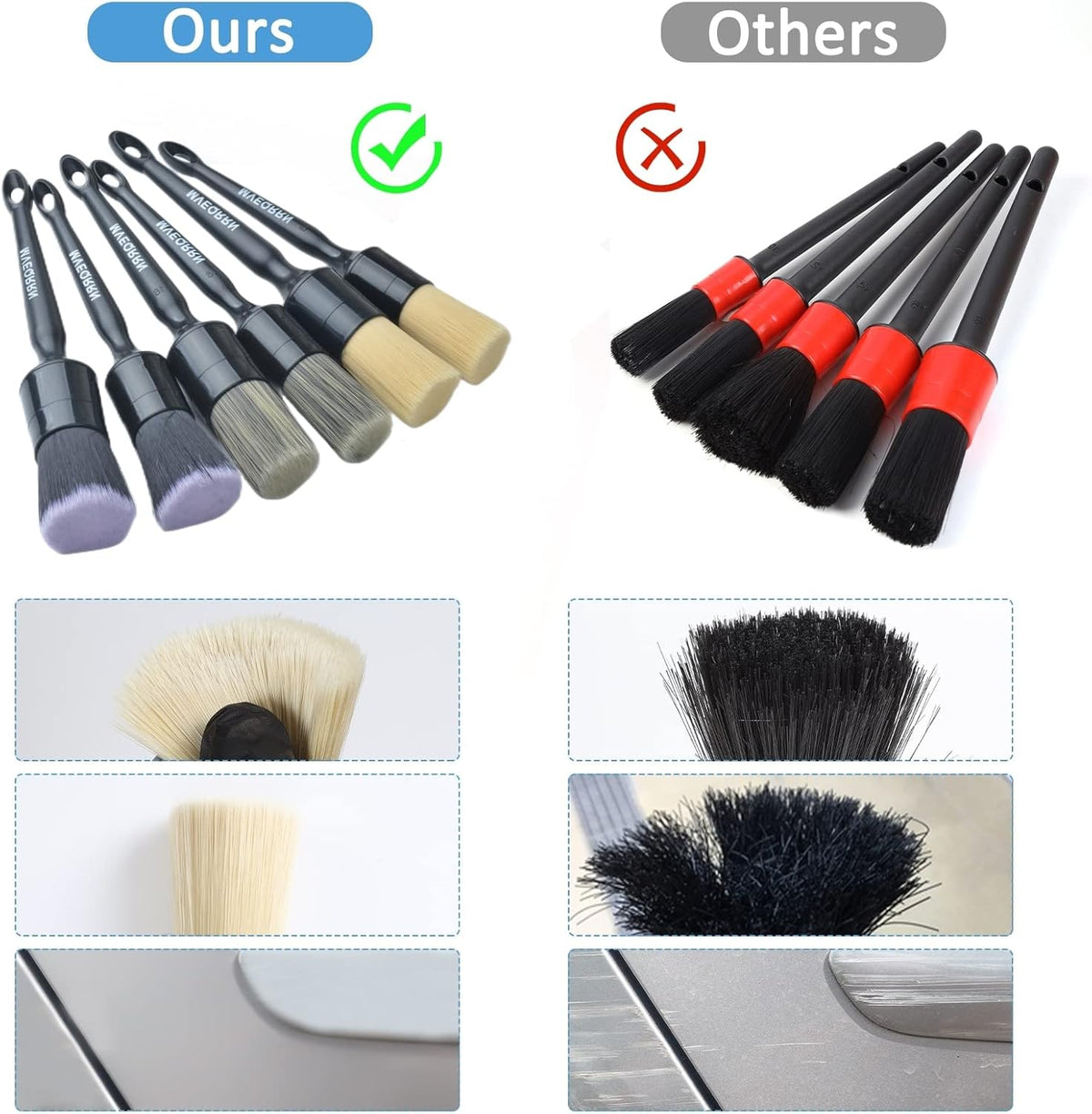 6pcs Car Detailing Brush Set-2pcs Boars Hair Car Detailing Brushes,2pcs Ultra Soft No Scratch Detailing Brush for Air Vent,Leather Seat 2pcs Detail Brushes car Detailing for Interior Exterior