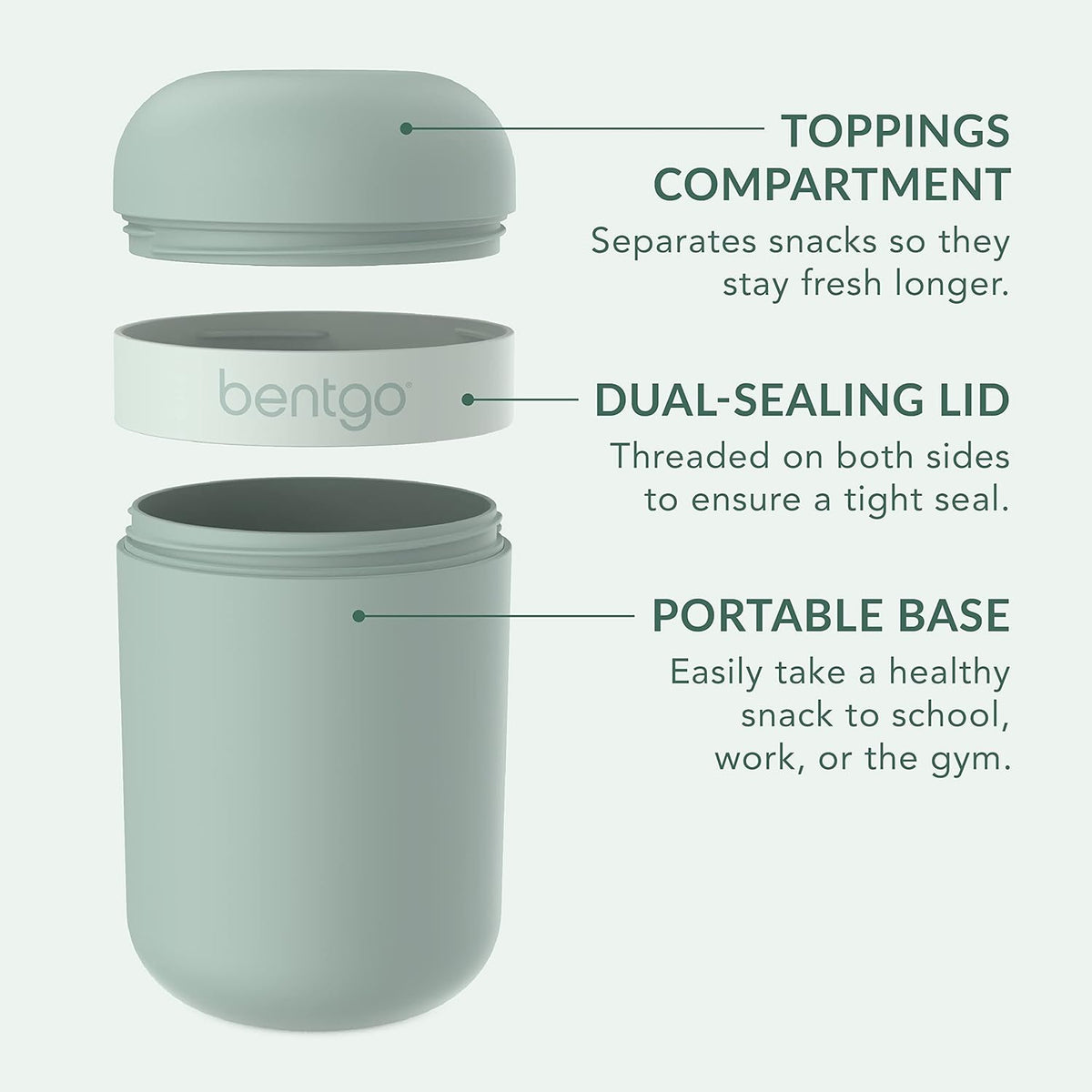 Bentgo Snack Cup - Reusable Snack Container with Leak-Proof Design, Toppings Compartment, and Dual-Sealing Lid, Portable & Lightweight for Work, Travel, Gym - Dishwasher Safe (Mint Green)