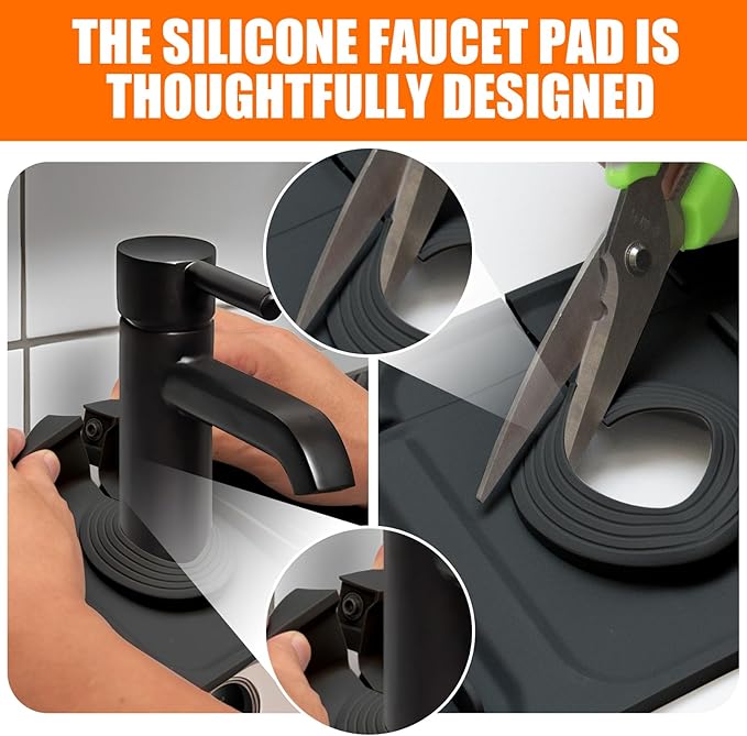 17.7" Silicone Faucet Mat for Kitchen Sink,7° Draining Mat with Snap Button Lock,Faucet Splash Guard and Sink Counter Organizer,Trim-to-Fit Kitchen Faucet Protector for Sponge Brush Cup