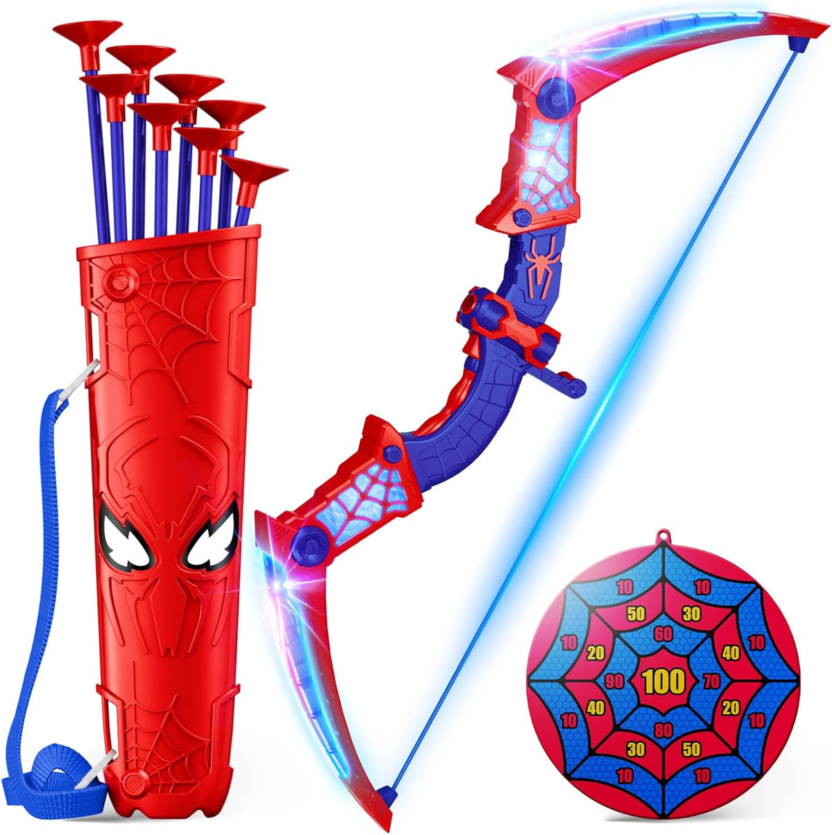 Spider Toys for Boys Age 3-4 4-6 6-8 8-12, Kids Toy BowArrow Shooting Set with Red & Blue LED Lights, Spider Quiver & Web Target, 8 Suction Cup Arrows, Toys Gifts for 3 4 5 6 7 8 9 10 12 Year Old Boys