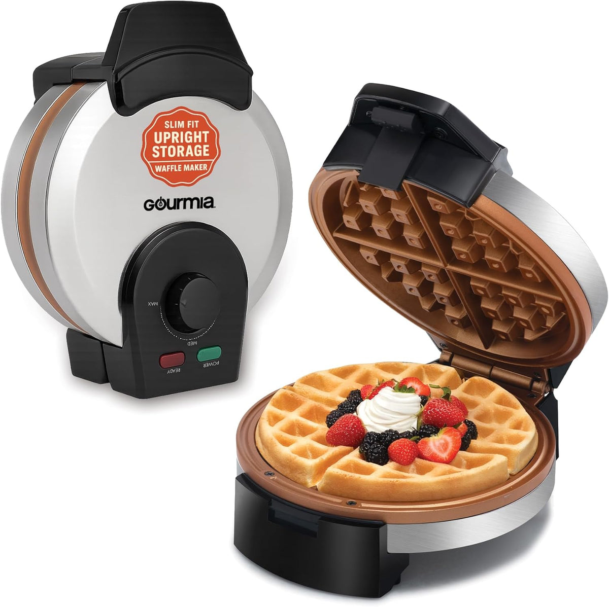 Gourmia Belgian Waffle Maker – Compact Design with Upright Storage, Adjustable Browning, and Easy-Clean Nonstick Ceramic Plates, Stainless Steel