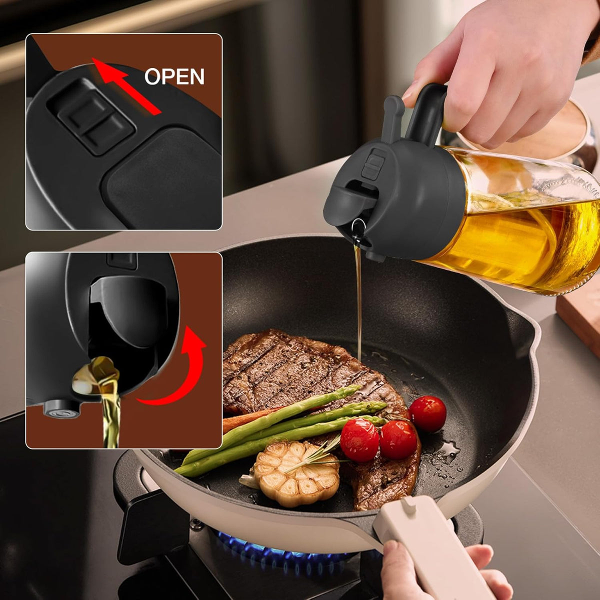 YARRAMATE 16oz/470ml Glass Olive Oil Sprayer for Cooking with Stickers, 2 in 1 Oil Dispenser for Kitchen Gadgets, Food Grade Premium Spray Bottle with Portion Control for Salad, Frying, BBQ (Black)
