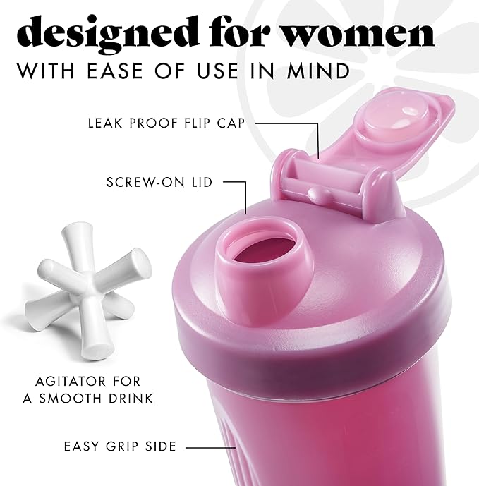 Fit & Fresh Shaker Bottle, Leak Proof Sports Blender Bottle for Protein Mix For Women, Durable Protein Shaker Cup 24 oz.with Unique Agitator for Smooth Mixing, Mauve