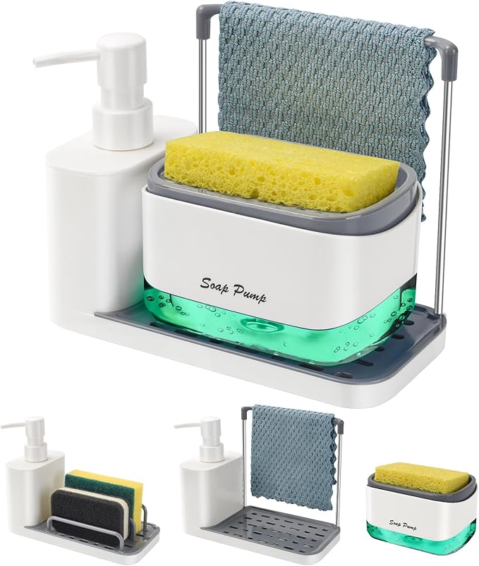 Hand and Dish Soap Dispenser Set with Tray, Dual Soap Dispenser with Sponge Holder and Dishcloth Holder 5-in-1 Organizer for Kitchen Sink Countertop Storage Organize - Useful Kitchen Gadgets (White)