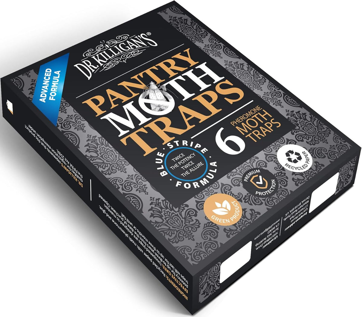Dr. Killigan's Premium Double Potent Pantry Moth Traps with Pheromones Prime, Sticky Indian Meal Moth Traps for Kitchen, How to Get Rid of Moths in House (6 Pack, Black)