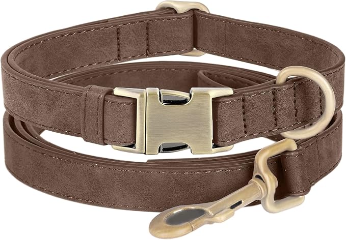 Genuine Leather Dog Collar - Adjustable Pet Collar with Quick Release Metal Buckle, Soft Skin Friendly Real Leather Collar for Small, Medium, Large Dogs (Dark Brown Collar + Rope, L：Fit 15-23" Neck)