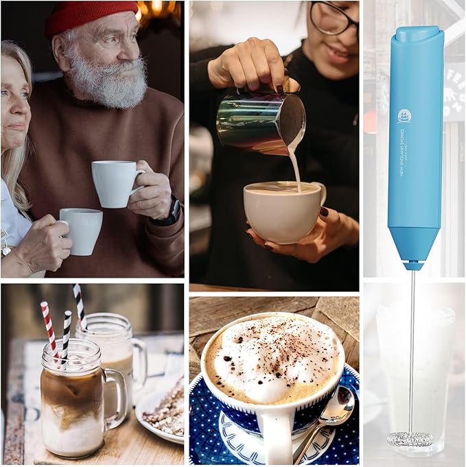Powerful Milk Frother Handheld Foam Maker, Mini Whisk Drink Mixer for Coffee, Cappuccino, Latte, Matcha, Hot Chocolate, No Stand, Sky Blue